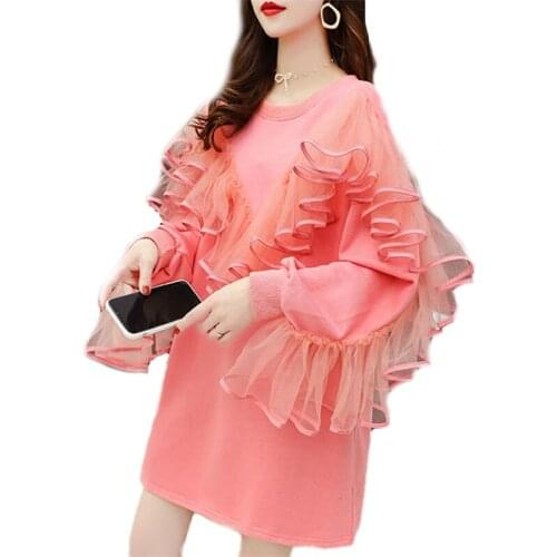 2021 Autumn Women Chic Transparent Mesh Ruffles Stitching Loose Oversize Hoodies Fashion Long Sleeve O-Neck Pullovers Sweatshirt