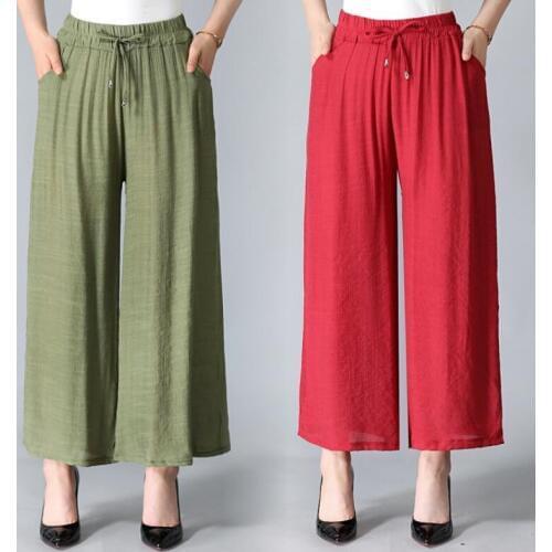 Female Summer Cotton Wide Leg Pants Comfortable Loose All-Match Straight Pants Solid Knitted Drawstring Ankle-Length Trousers