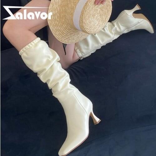 Zalavor New Women High Heel Boots Real Leather Strange Heel Ladies Shoes For Winter Fashion Knee High Boot Footwear Size 34-40