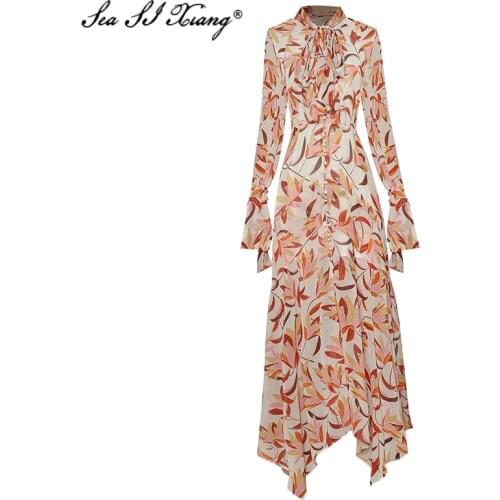 Seasixiang Fashion Designer Summer Chiffon Dress Women Bow Collar Long Sleeve Single Breasted Floral Print Bohemian Maxi Dress