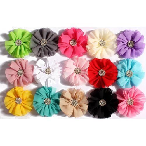 120pcs/lot 6.5cm 15colors Chiffon Flowers With Rhinestone Bow Button For Girl Hair Accessories Fabric Flowers For Kids Headbands