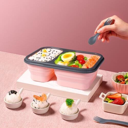 2 Cells With Cutlery Silicone Collapsible Portable Lunch Box Microwave Bowl Food Storage Bento Lunch Container Picnic BPA Free