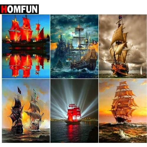 HOMFUN 5d Diamond Painting Full Square/Round ‘’Boat sea sky clouds" Picture Of Rhinestone DIY Diamond Embroidery Home Decor