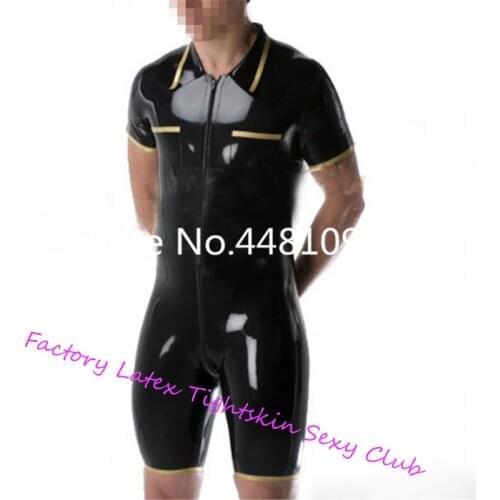 Latex Short Leotard Polo-Shirt Style Catsuits with Short Pants Latex Bodysuit With Front Zip For Men XS-XXXL