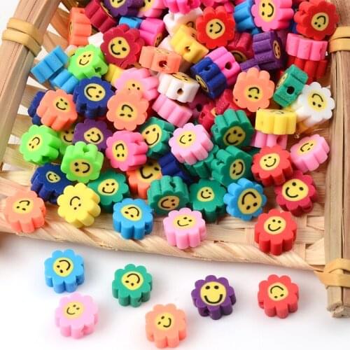 30pcs/Lot 10mm Smiley Beads Flower Shape Polymer Clay Beads For Jewelry Making Clay Spacer Beads DIY Handmade Accessories