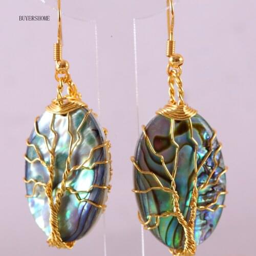 Tree of Life -Gold Wire Wrap Women Jewelry Natural Blue New Zealand Abalone Shell Dangle Earrings 1Pair