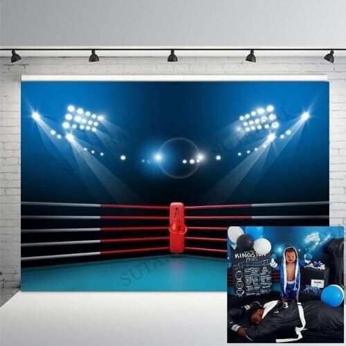 Boy Birthday Backgrounds for Photography Studio Boxing Arena Ring Surrounded Ropes Spotlight Night Backdrop New Design Photocall