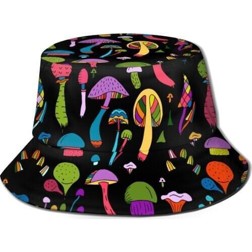 NOISYDESIGNS Black Bucket Caps Women Street Beach Sun Hat Casual Fisherman Hats Men Outdoor Summer Cap Cute Color Mushrooms