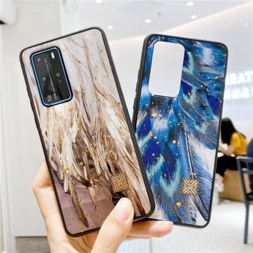 Beautiful Gold Foil Bling Feather Silicon Phone Case For Huawei P40 P30 Pro Nova 6 5 Glitter Soft Cases For Mate 30 Pro Cover