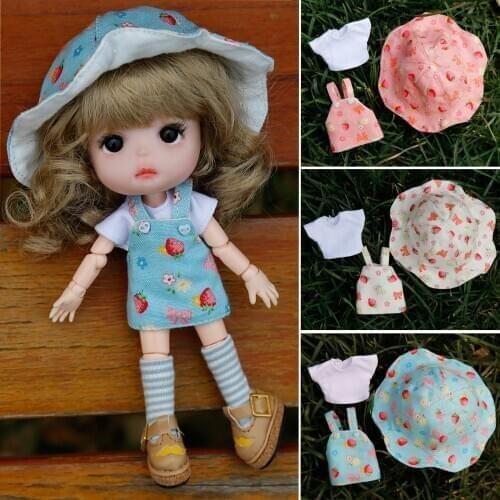 Ob11 doll clothes Molly doll clothes beautiful knot pig sun hat set T shirt hat skirt set BJD baby clothes doll accessories