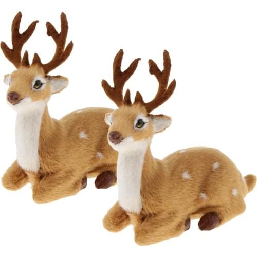Pieces of 2 Miniatures Christmas Sika Deer Reindeer Elk Scene Arrangement Props Lying - Brown