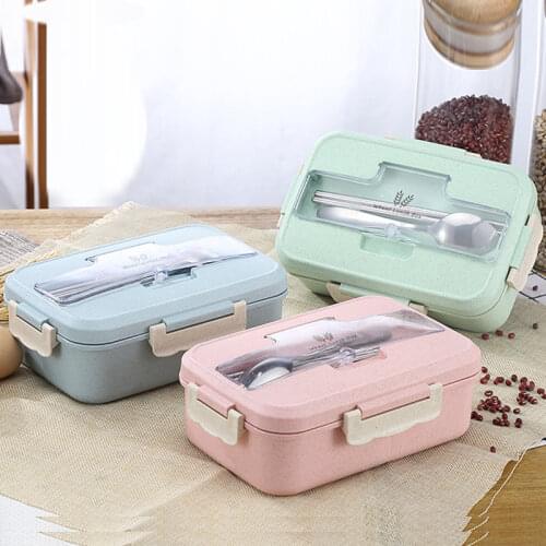 Microwave Lunch Box with Spoon Chopsticks Food Storage Container Wheat Straw Dinnerware Children Kids School Office Bento Box