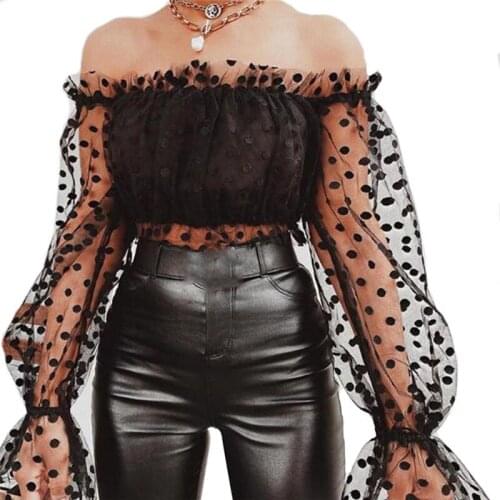 Fashion Women Sheer Mesh Lace Off Shoulder T Shirt Tops Ladies Polka dots Casual Party Short Tops