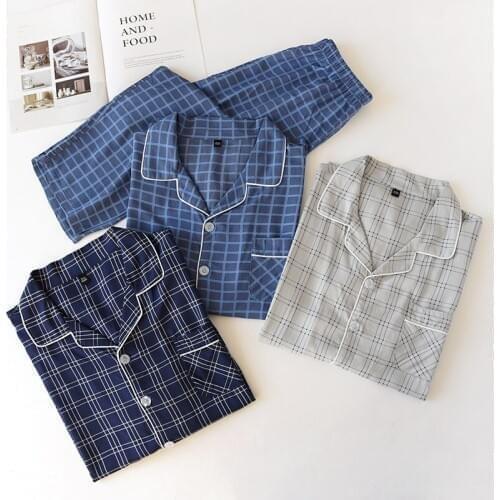 Mens Summer Long-sleeved Trousers Cotton Silk Pajamas, Thin Cotton Home Wear Suit, Plaid Printing, Home Service Two-piece Suit