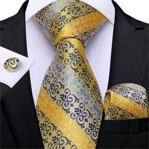 Gift Men Tie Gold Blue Purple Striped Silk wedding Tie For Men DiBanGu Designer Hanky Cufflink Quality Men Tie Set Business 7342