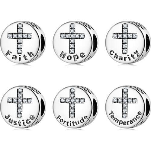 Authentic 925 Bible Seven Virtues Silver Good Morality Clear Zircon cross Beads Fits Original European Charm Bracelet Jewelry