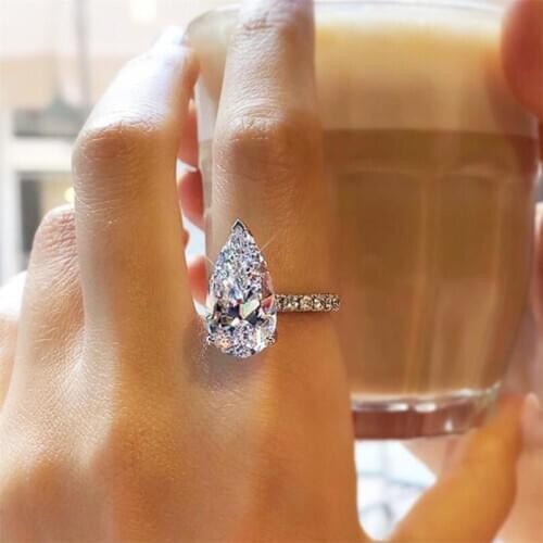 Drop Shipping Sparkling Unique Luxury Jewelry 925 Sterling Silver Water Drop White Topaz CZ Diamond Women Wedding Bridal Ring