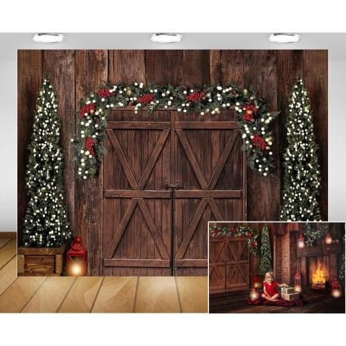 Christmas Brown Wood Wall Backdrop for Photography Vintage Door Christmas Trees Winter Lamp Background Xmas Photo Shoot Props