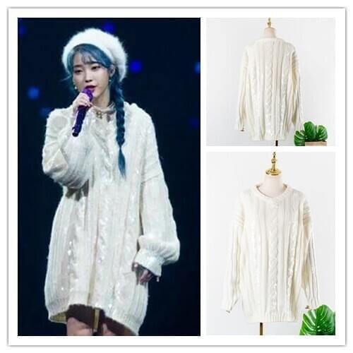 Kpop IU Lee Ji Eun Winter New Fashion Knitted Pullover V-Neck Sweaters Women Korean Loose Casual Sequins Mid-length warm Sweater