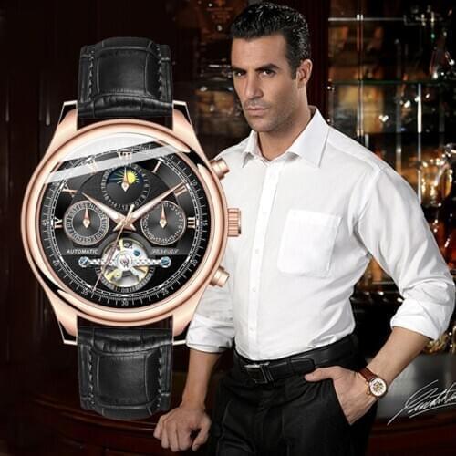 Top Brand SENORS Men Mechanical Watches Fashion Tourbillon Automatic Self-Wind Mechanical Watch Mens Moon Phase Date Wristwatch
