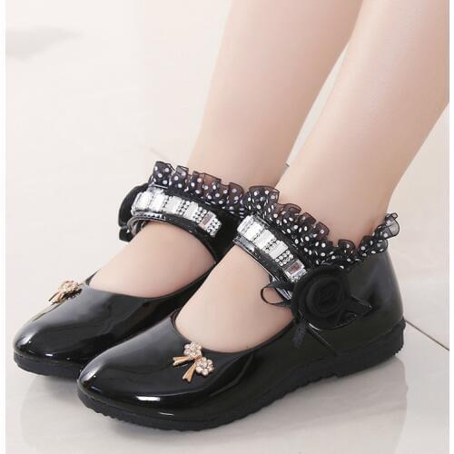 Leather Kids Shoes For Children Loafers Baby Girl Dress Dance Girls Shoes Princess Black School Shoes White Wedding Rhinestones
