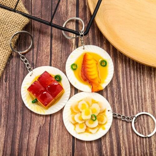 Funny Mini Emulation PVC Chinese Food Keychain Egg Bumilli Fish Plate Key Ring Chain Car Holder Ornament Bag Backpack Decor Gift