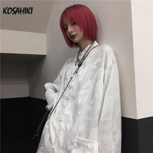 KOSAHIKI Women Man Blouse Dragon Print Harajuku Streetwear Chinese Style Stand Collar Buckle Vintage Black White Shirt Blusas