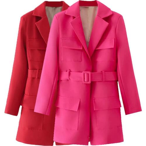 Nlzgmsj Za Women 2021 Fashion Solid Pink Blazer With Blet Vintage Long Sleeve Female Outerwear Chic Tops 202108