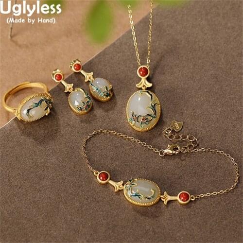 Uglyless Oriental Aesthetics Emerald Lotus Orchid Rings for Women Natural Gemstones Hotan Jade Rings 925 Silver Lotus Jewelry