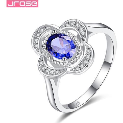 JROSE Blue Cubic Zircon White Crystal Rings For Women Charms Flower Jewelry Exquisite Bijoux Fashion bague femme argent 925