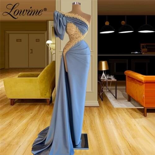 Lowime One Shoulder Evening Dresses Champagne Applique Evening Gowns With High Split Split Turkish Plus Size Prom Party Dress