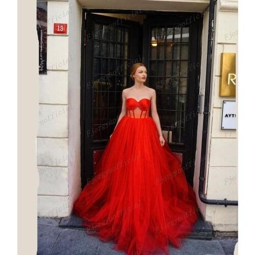Vintage Strapless Red A-Line Tiered Tulle Unique Pageant Party Dresses Prom Gowns 2021 New Custom Made Women’s Robes