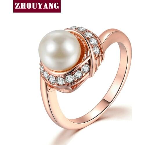 ZHOUYANG Wedding Rings For Women Simple Imitation Pearl Cubic Zirconia Rose Gold Color Engagement Gift Fashion Jewelry R676