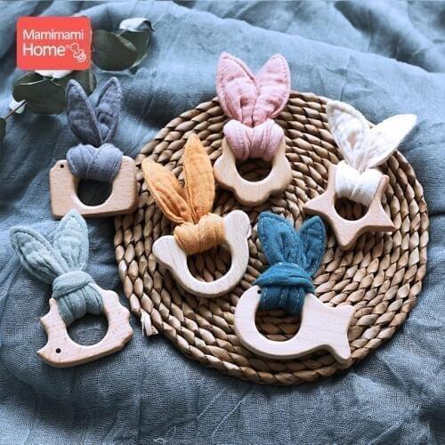 1pc Baby Wooden Teether Animal Pendant Beech Rodent Cotton Bibs Rabbit Ears Wooden Blank ChildrenS Goods Christmas Gifts Toys
