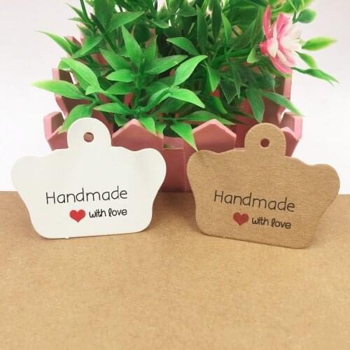 100pcs "Hand Made With Love" Cardboard gift hang Tags crown shape price Price Tags Wedding Tags