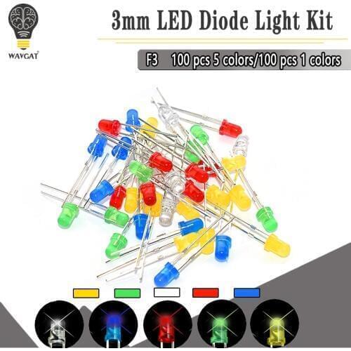 100PC/Lot 5MM F3 3mm LED Diode Light Assorted Kit Green Blue White Yellow Red COMPONENT DIY kit