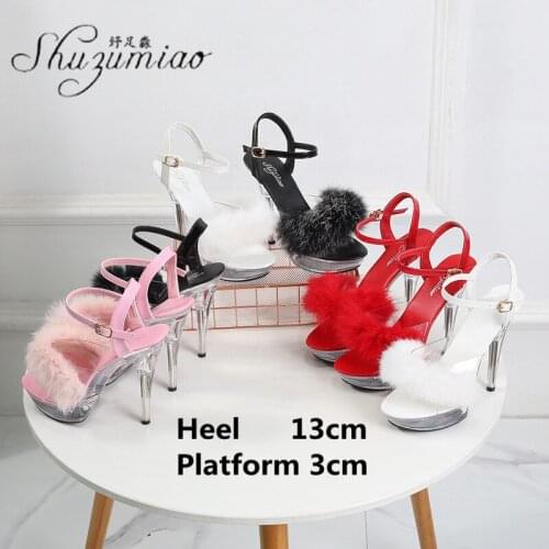 Summer Furry 13CM Walking Show Striptease Super High Heel Sandals Transparent Crystal Shoes Thin With Large Size Womens Shoes