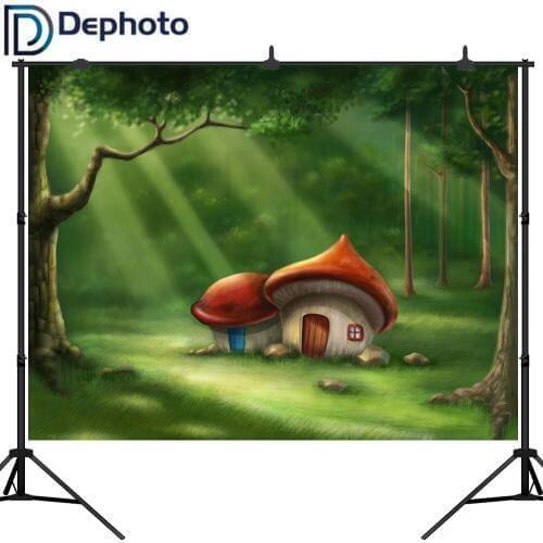 DePhoto Fairy Tale Forest Photography Backdrops Children Backgrounds Photo Studio Mushroom House Grassland Photo Background