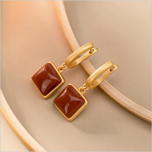 Natural South Red chalcedony geometric Square Earrings Chinese style retro unique ancient gold craft charm womens brand jewelry