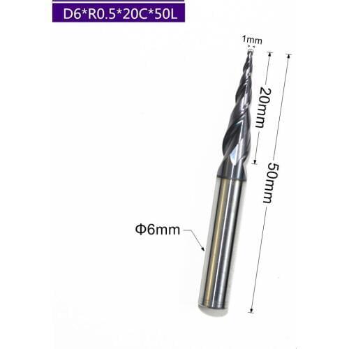 HRC55 solid carbide D6*R0.5*20*50L TiALN Coated Taper Ball Nose End Mill,cone milling cutter,Spherical woodworking router bit