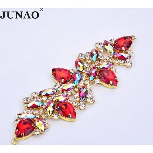 JUNAO 45*140mm Sewing Red AB Flower Rhinestones Connector Strass Buckle Glass Crystal Strips Applique Gold Flatback Stones DIY