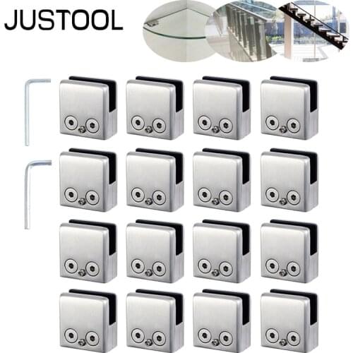 JUSTOOL 16 Pcs Size M Stainless Steel Glass Clamps Square Clamp Holder Bracket Clip For Glass Shelf Handrails For 8-10 mm Glass
