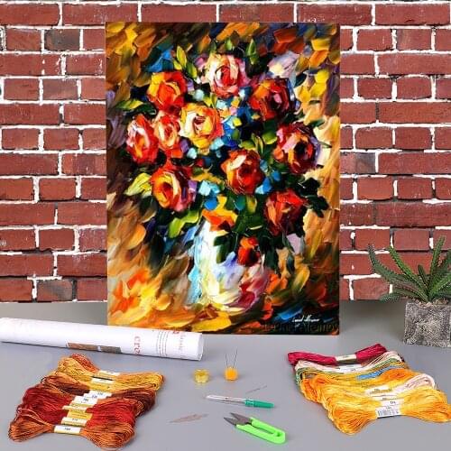 Oil Painting Style Red Roses Printed Canvas 11CT Cross Stitch Embroidery Kit DMC Threads Hobby Handmade Knitting Wholesale