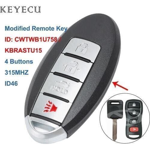 Keyecu KBRASTU15 Modified Remote Car Key 4 Buttons 315MHz for Nissan G35 EX35 Sentra 350Z Armada Altima Maxima FCC: CWTWB1U758