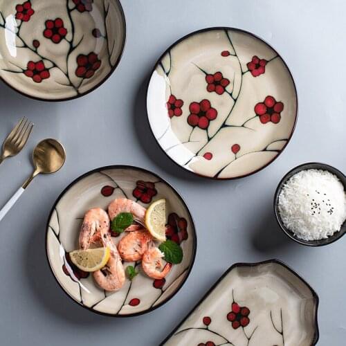 Creative ceramic tableware household bowl and plate set Japanese retro rice bowl underglaze color surface bowl fish plate soup