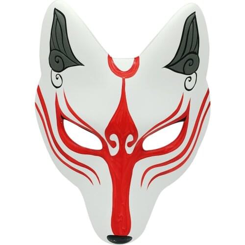 Hand Painted Kitsune Fox Mask for Halloween Masquerade Party, Full Face Cover Kabuki PU Masks for Costume