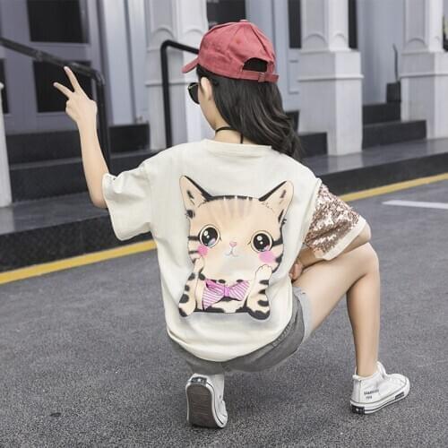 Girl western style cartoon pattern fashion suit Girls T-shirt and shorts two-piece suit Girls summer cool suit Girl fashion suit