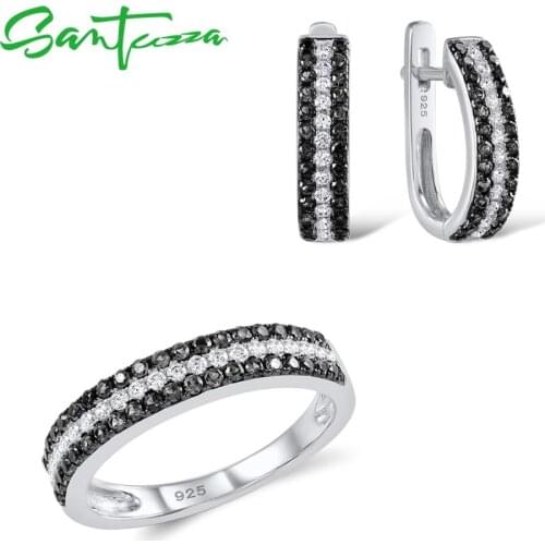 SANTUZZA 925 Sterling Silver Jewelry Sets For Women Black Spinels White CZ Stones Earrings Ring Set Fashion Gifts Fine Jewelry