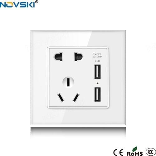 NOVSKI GB 10A 5-Hole 2100mA USB Wall Socket German Bayer Flame Retardant Material Tempered Glass Panel 86*86 220-250V, Grounded