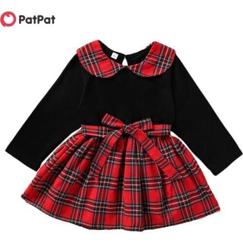 PatPat 2020 New Spring and Autumn Baby / Toddler Christmas Bowknot Plaid Long-sleeve Dress